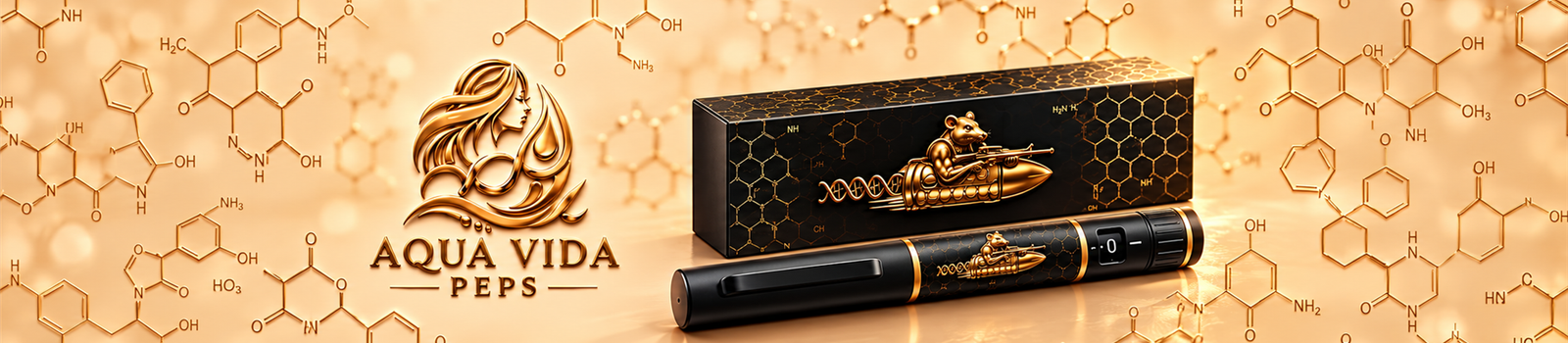AquaVida Peps black and gold product box and pen on a peach and gold molecular background